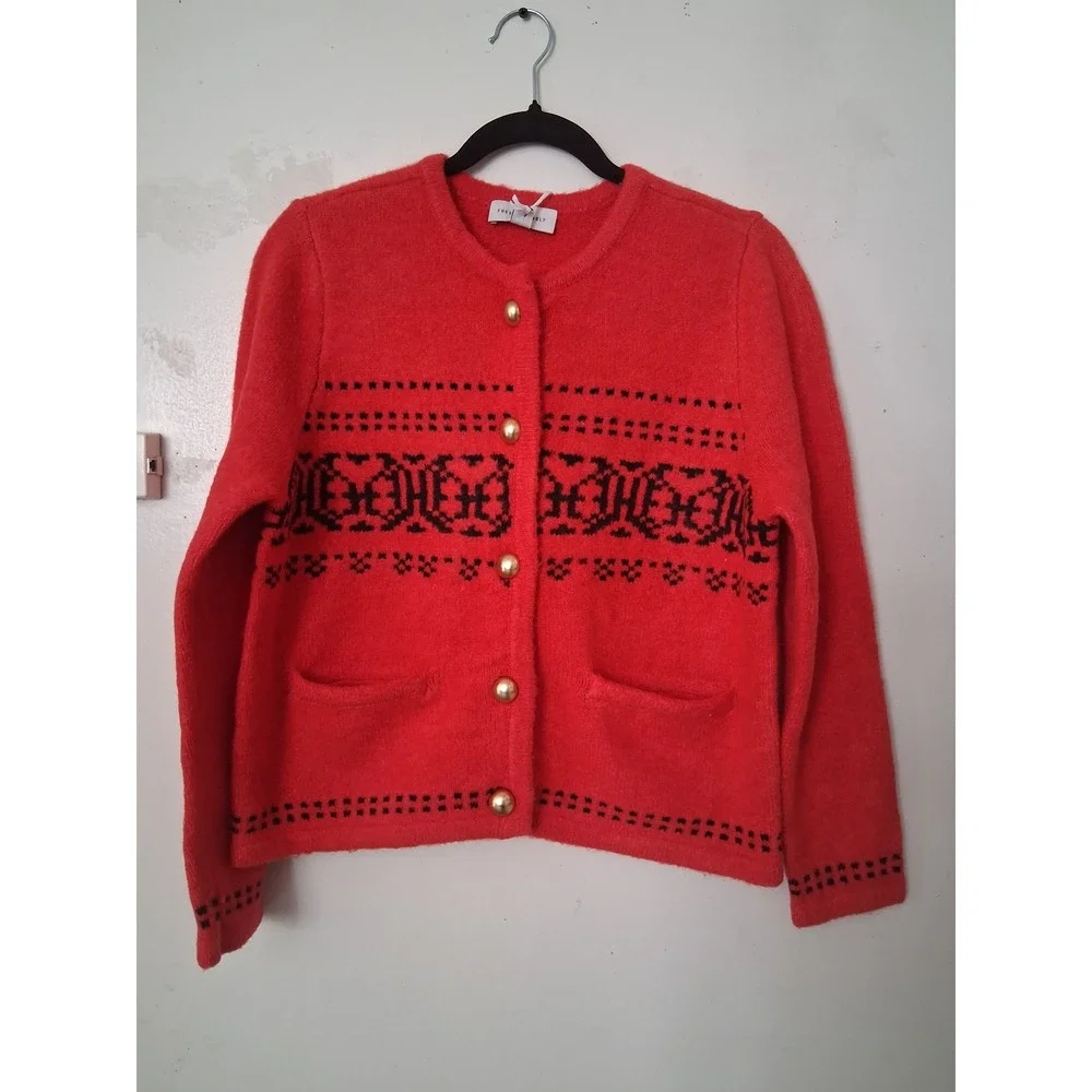 Free Assembly‎ Womens Red Fair Isle Button Front Cardigan Sweater Gold Buttons M